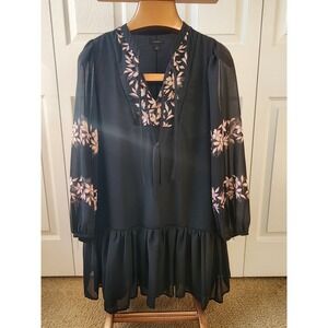 Halogen Ruffled Black Dress With Pink Floral Bib & Tie Front Long Size 1